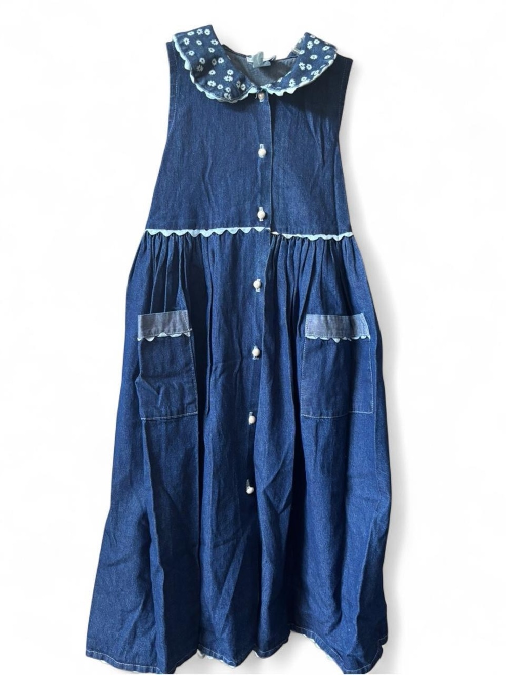 Vintage 90’s Girls' Navy Blue Denim Dress with Floral Collar